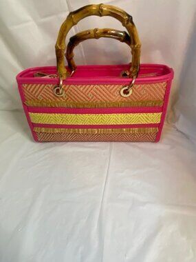 ALDO Melysa Raffia Frayed Bamboo Handle Contrast Trim Satchel Bag in pink (NEW)